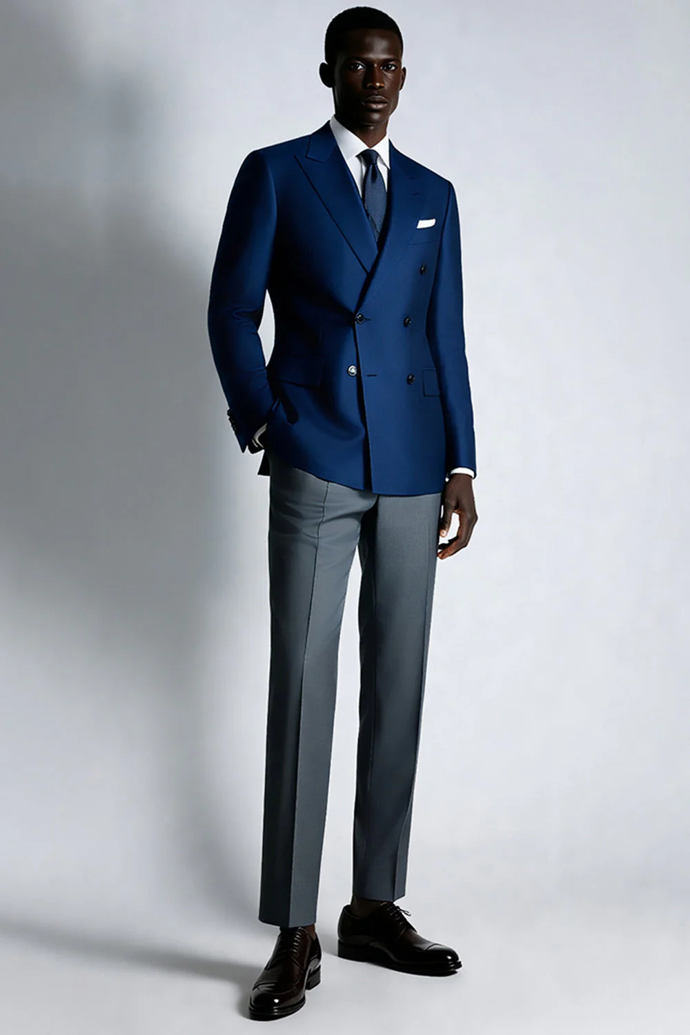Navy Peak Lapel Double Breasted Men Blazer - Image 2