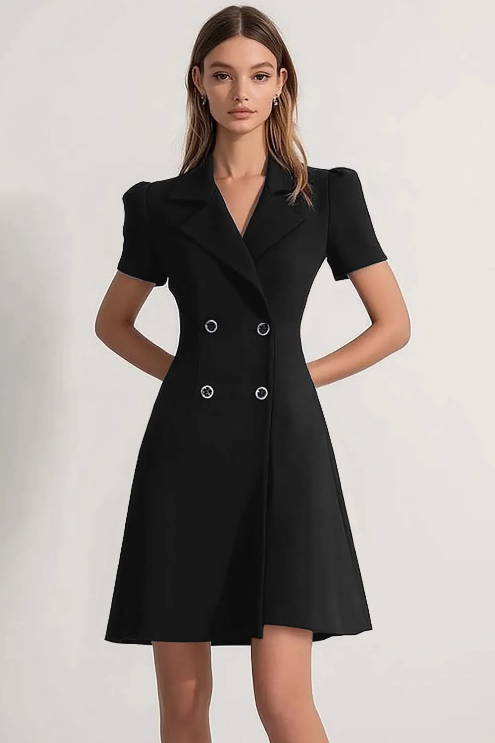 Navy Peak Lapel Double Breasted Satin Short Work Dress - Image 3