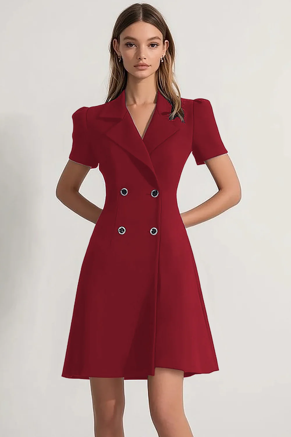 Navy Peak Lapel Double Breasted Satin Short Work Dress - Image 4