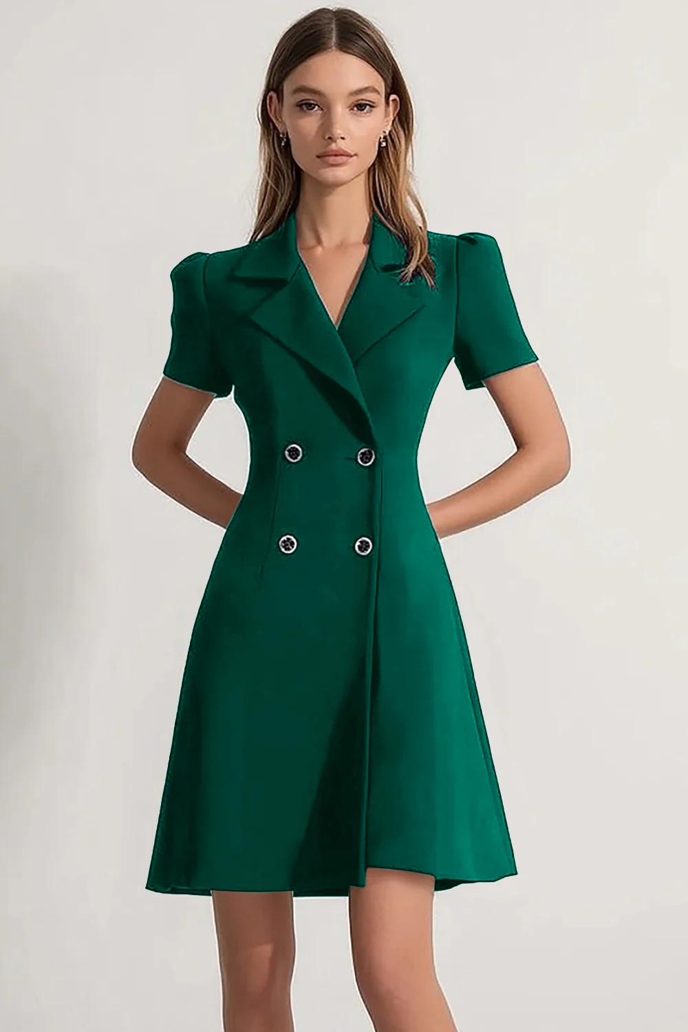 Navy Peak Lapel Double Breasted Satin Short Work Dress - Image 5