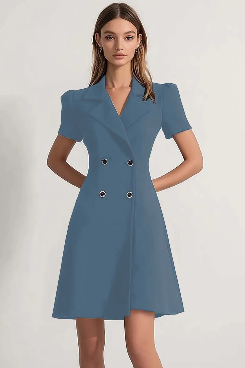 Navy Peak Lapel Double Breasted Satin Short Work Dress - Image 6