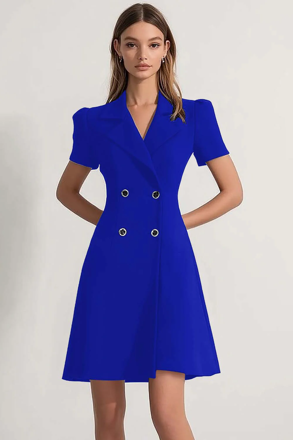 Navy Peak Lapel Double Breasted Satin Short Work Dress - Image 7