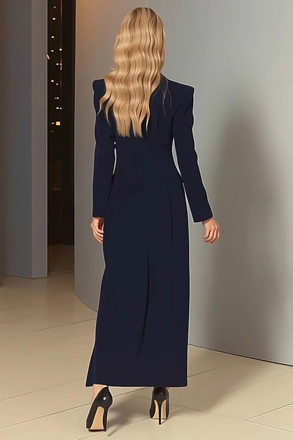 Navy Peak Lapel Sheath Long Sleeve Blazer Dress - Image 2