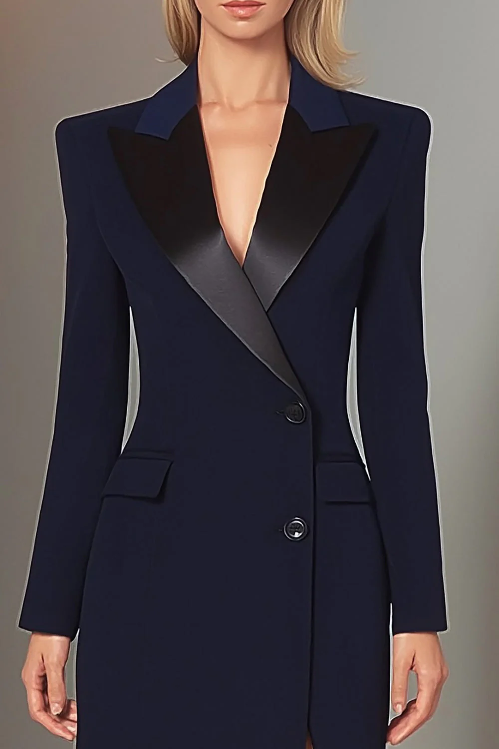 Navy Peak Lapel Sheath Long Sleeve Blazer Dress - Image 3