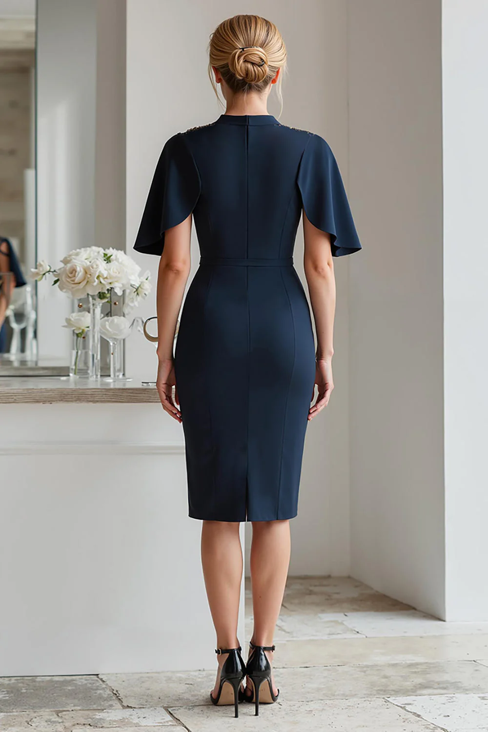 Navy Pencil Beaded Midi Mother Of The Bride Dress - Image 2