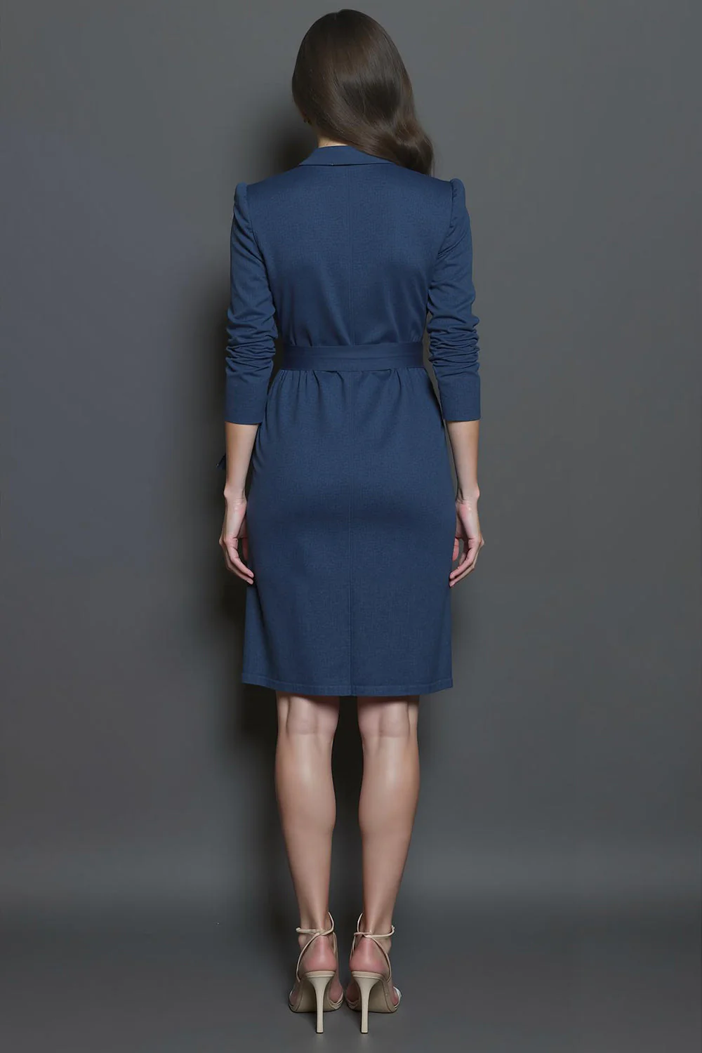 Navy Pencil Collar Neck Short Work Dress with Sash - Image 2