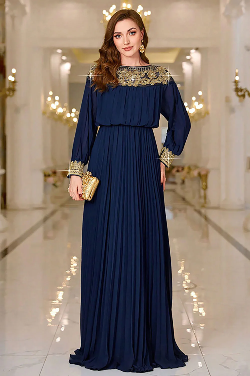 Navy Pleated A Line Boat Neck Long Prom Dress - Image 3