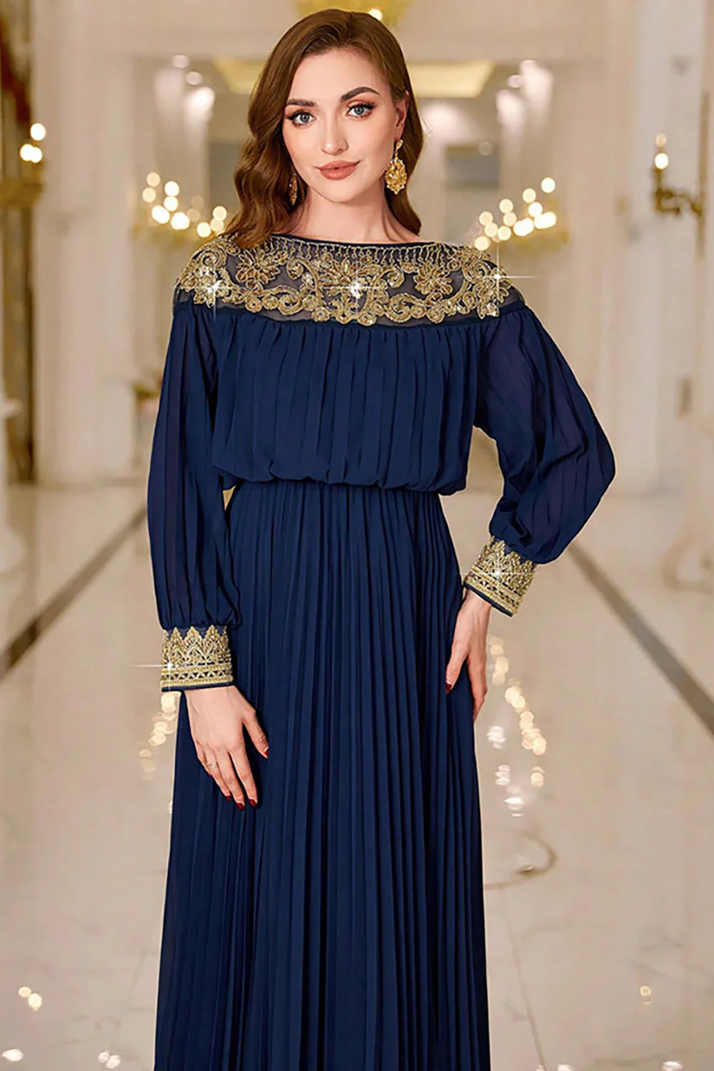 Navy Pleated A Line Boat Neck Long Prom Dress - Image 5