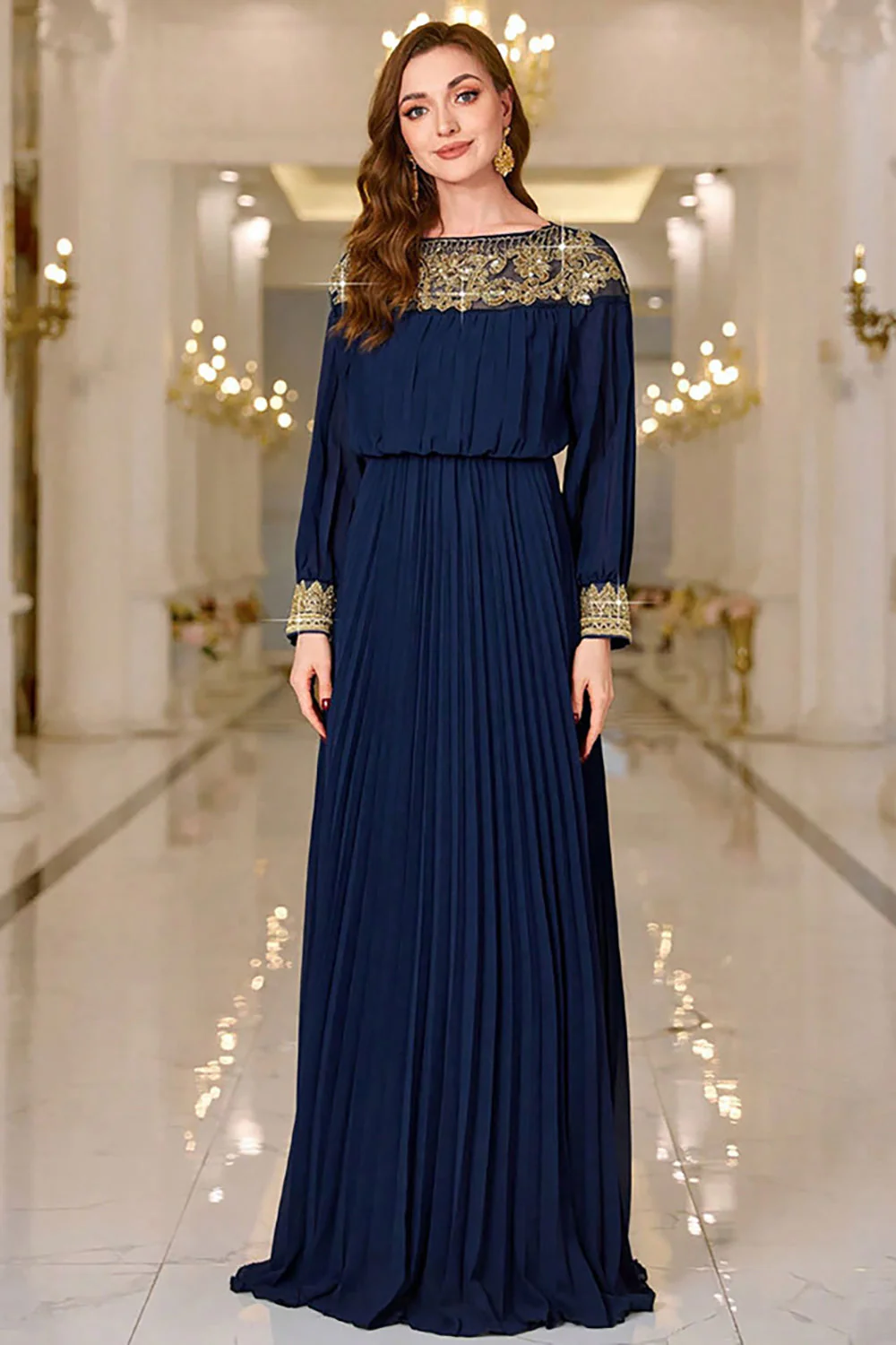 Navy Pleated A Line Boat Neck Long Prom Dress - Image 6