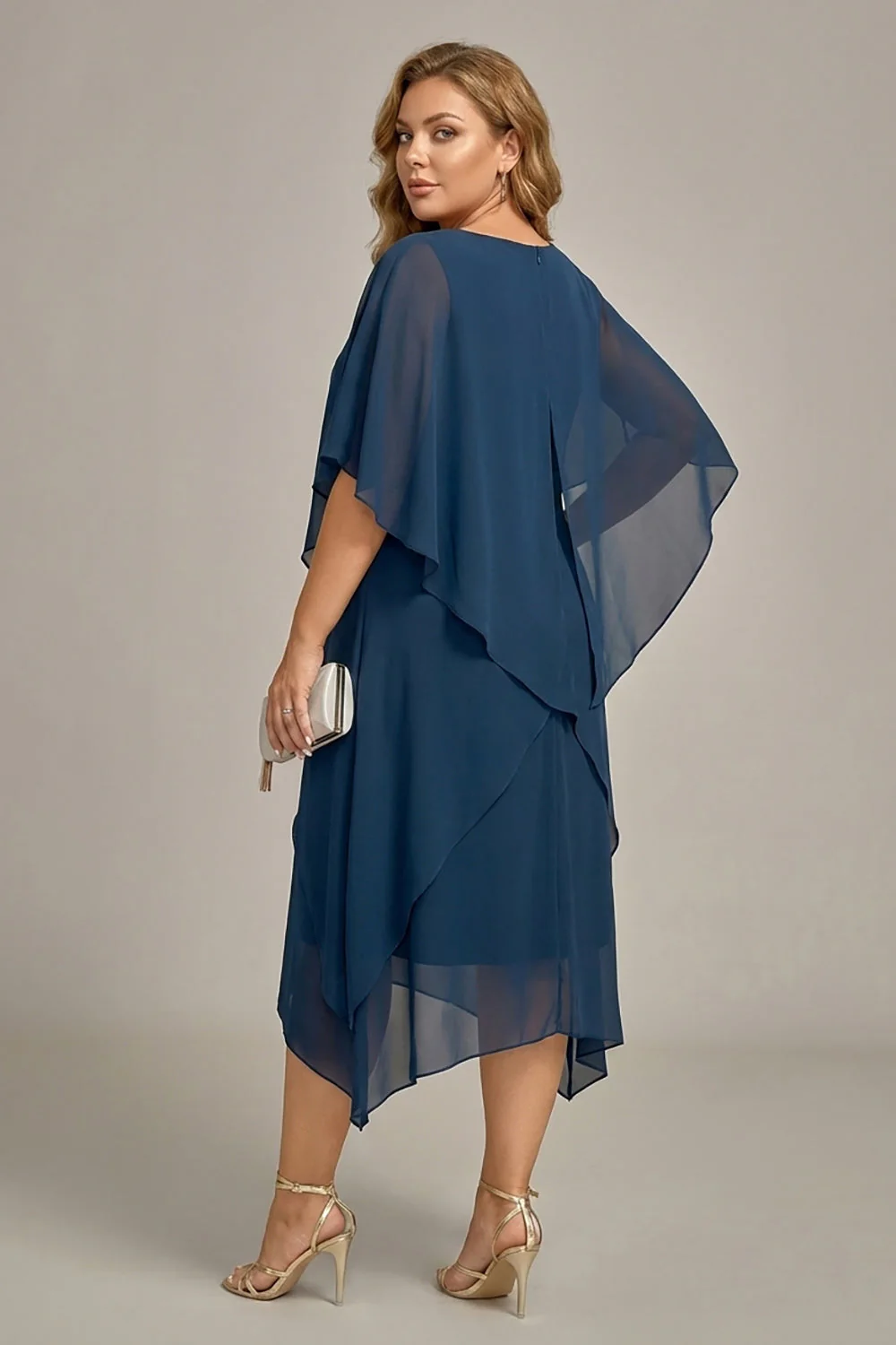 Navy Plus Size Chiffon A-Line Boat Neck Midi Mother of the Bride Dress - Image 2