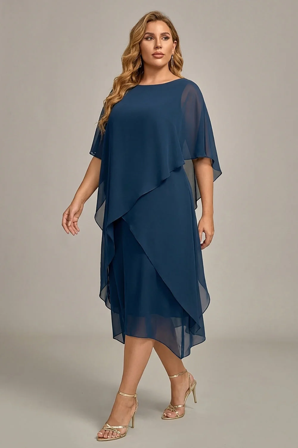 Navy Plus Size Chiffon A-Line Boat Neck Midi Mother of the Bride Dress - Image 3