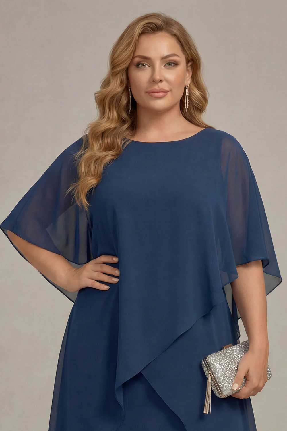Navy Plus Size Chiffon A-Line Boat Neck Midi Mother of the Bride Dress - Image 4
