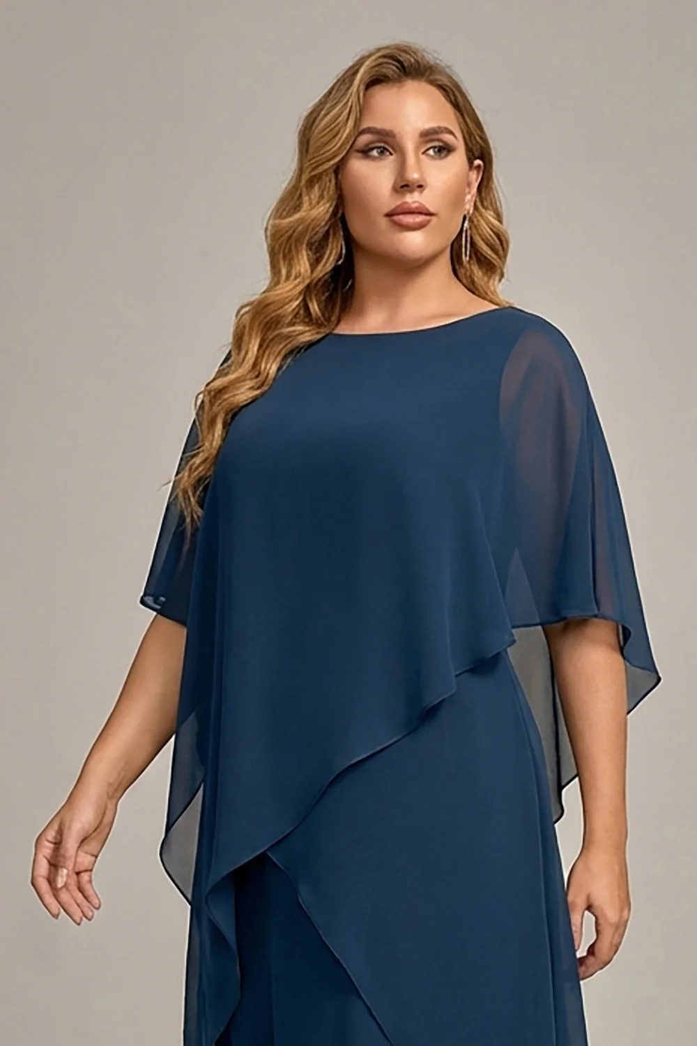 Navy Plus Size Chiffon A-Line Boat Neck Midi Mother of the Bride Dress - Image 5