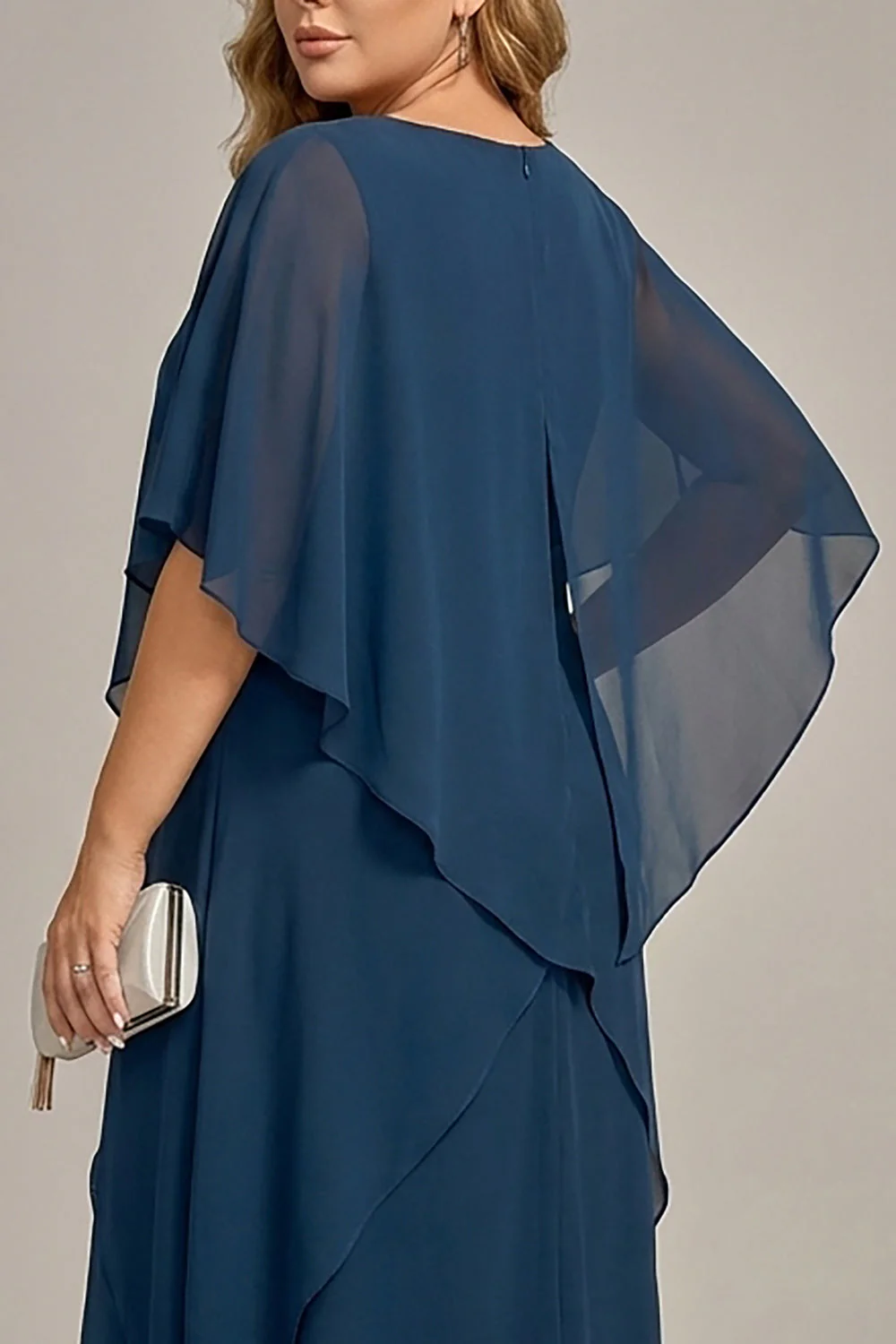 Navy Plus Size Chiffon A-Line Boat Neck Midi Mother of the Bride Dress - Image 6