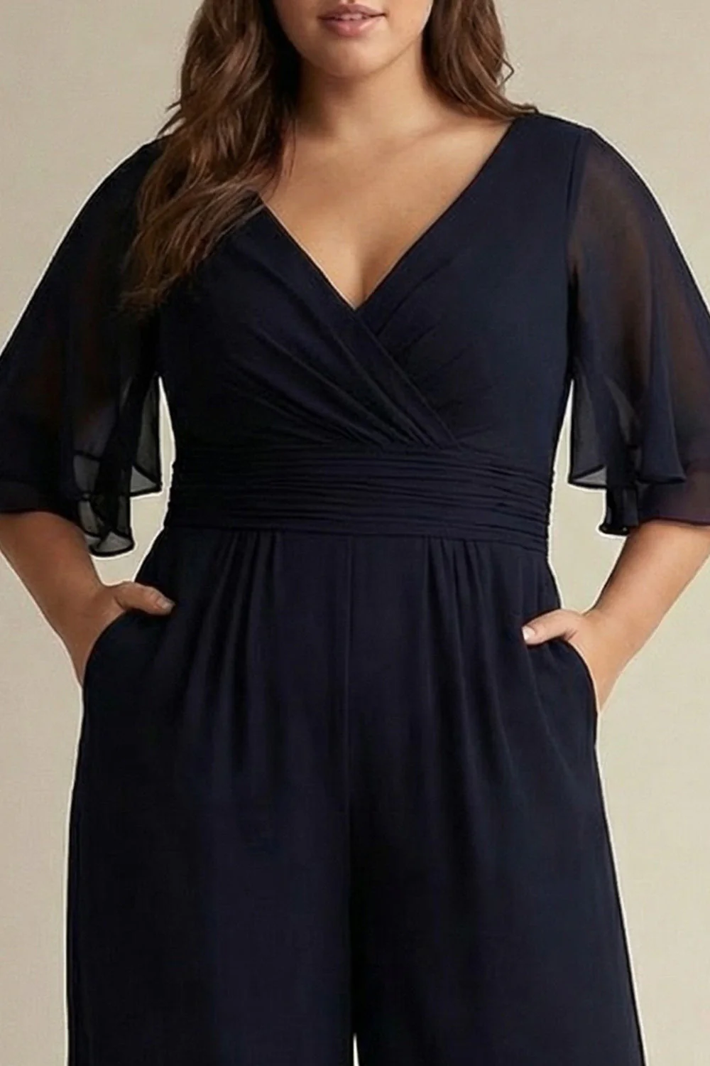 Navy Plus Size Chiffon V-Neck Half Sleeves Mother of the Bride Jumpsuits - Image 2