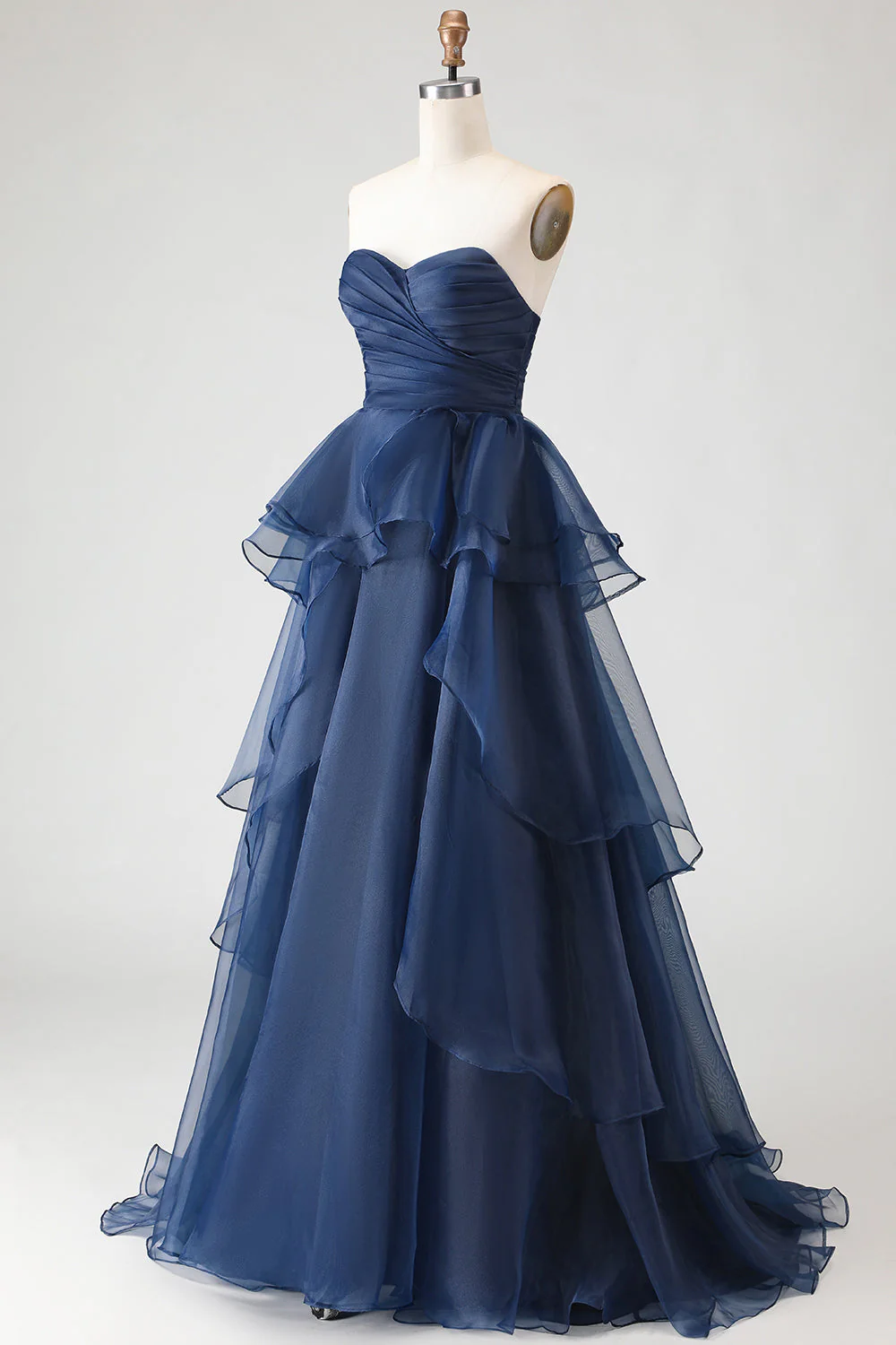 Navy Princess Strapless Ruffled A-Line Long Prom Dress - Image 3
