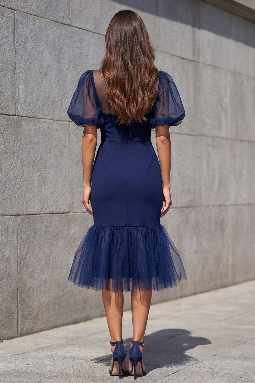 Navy Mermaid Ruffled Midi Work Dress with Puff Sleeves - Image 2