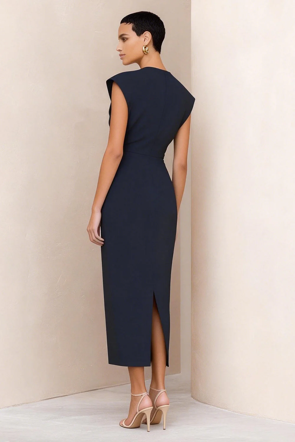 Navy Round Neck Satin Bodycon Midi Work Dress with Slit - Image 2