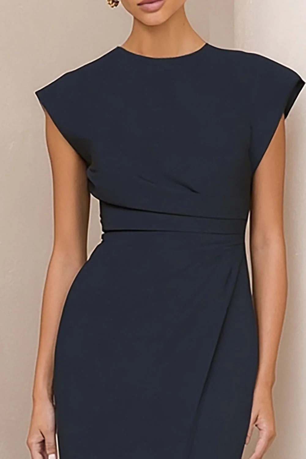 Navy Round Neck Satin Bodycon Midi Work Dress with Slit - Image 3