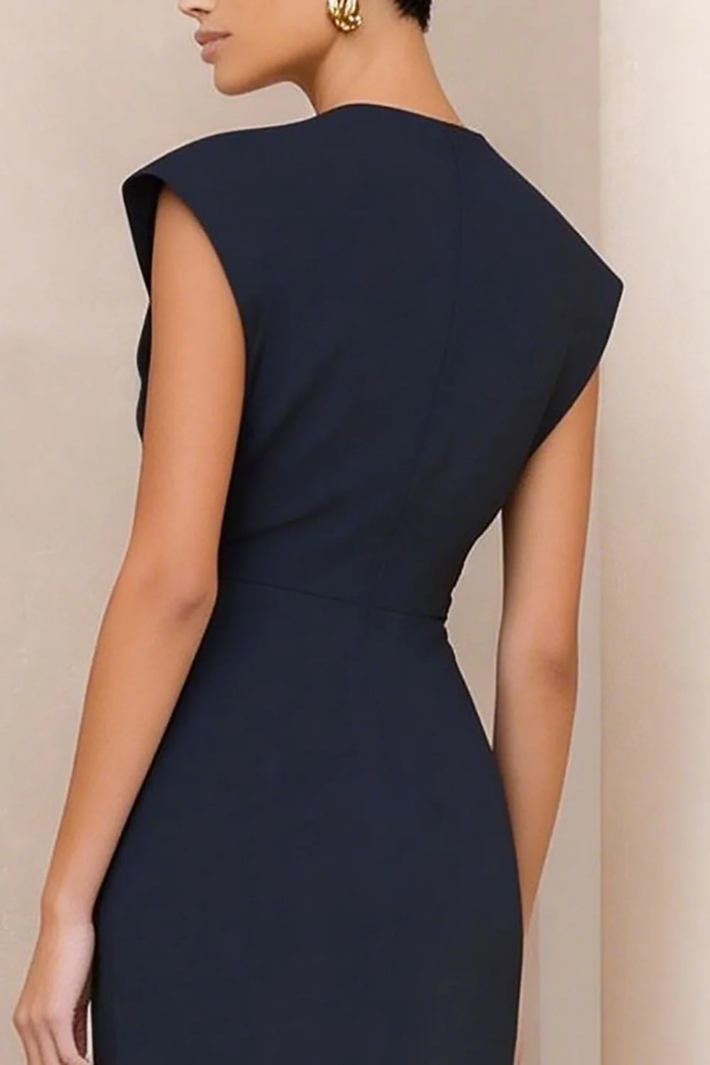 Navy Round Neck Satin Bodycon Midi Work Dress with Slit - Image 4