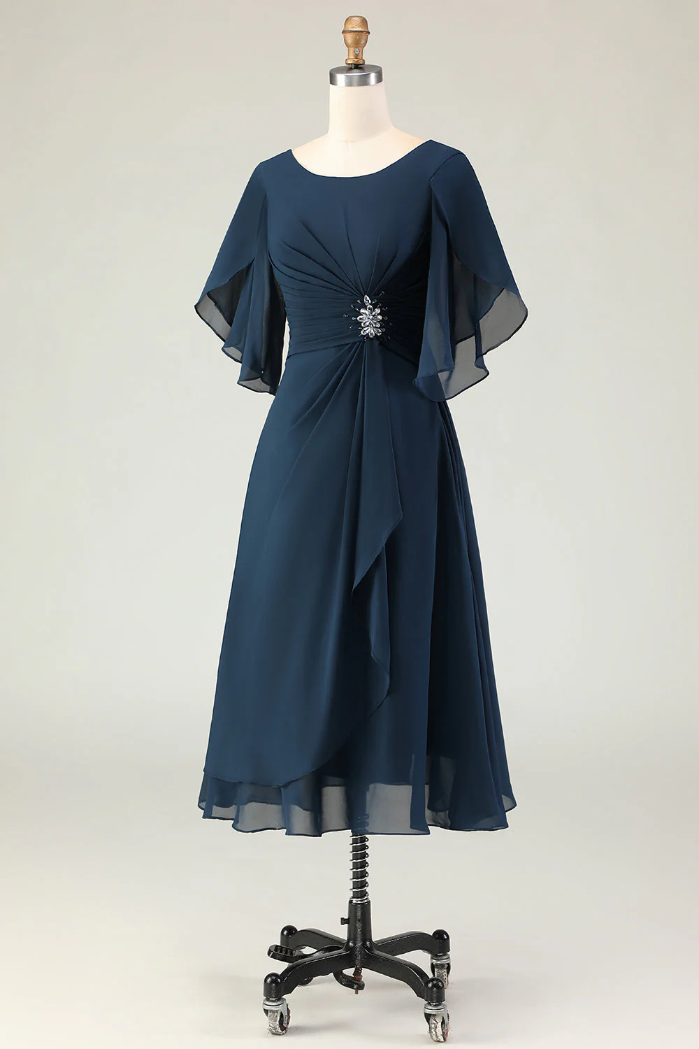 Navy Ruched A Line Midi Mother of the Bride Dress with Rhinestones - Image 3