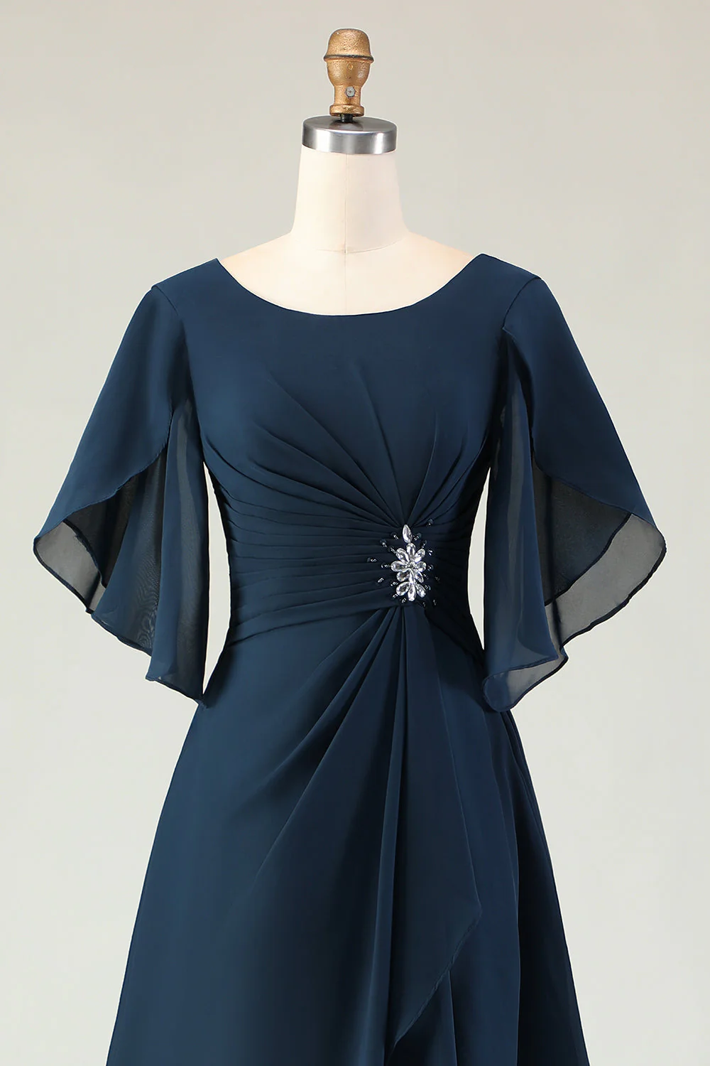 Navy Ruched A Line Midi Mother of the Bride Dress with Rhinestones - Image 4