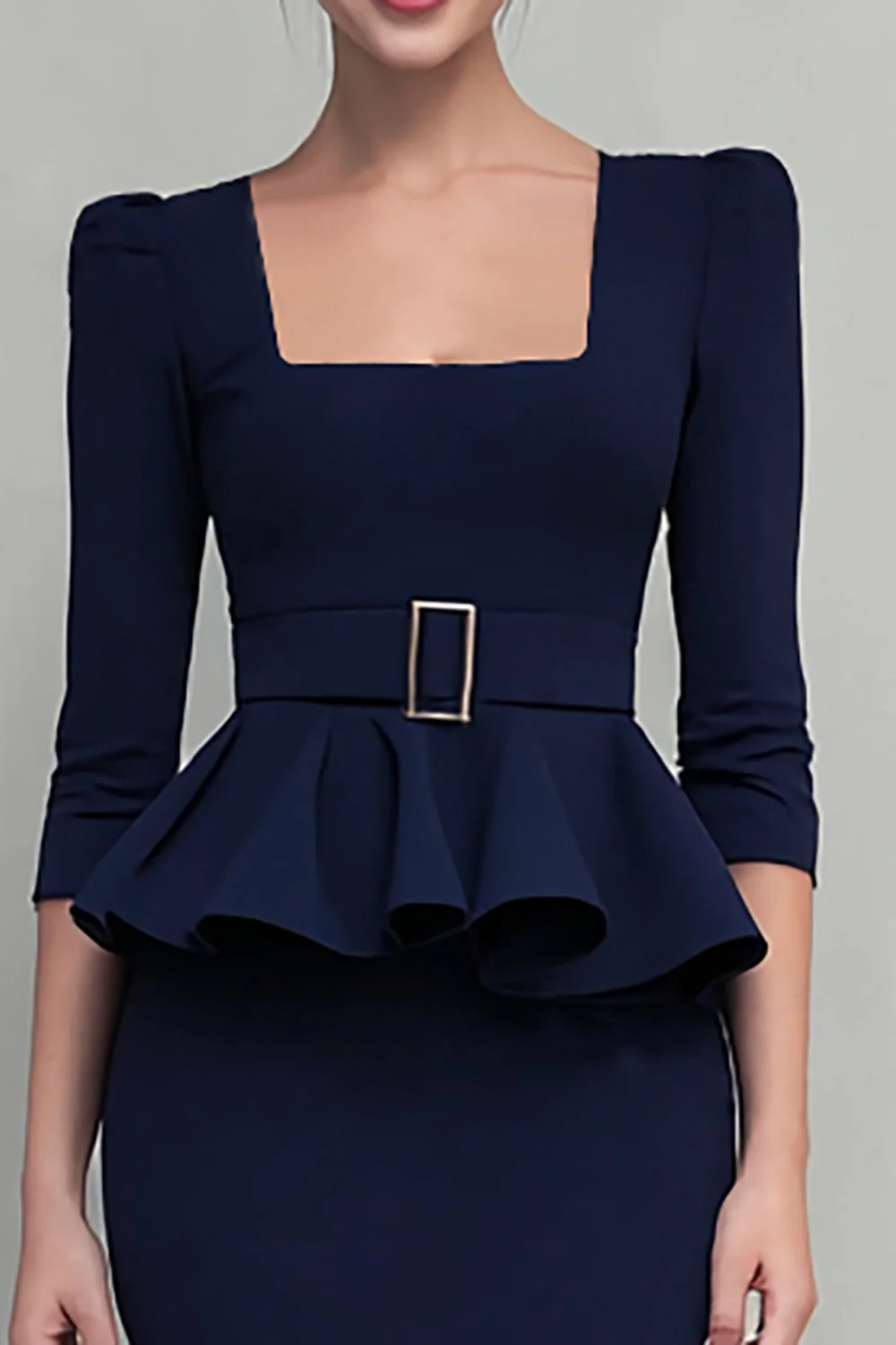 Navy Ruffled Square Neck Sheath Midi Work Dress - Image 3