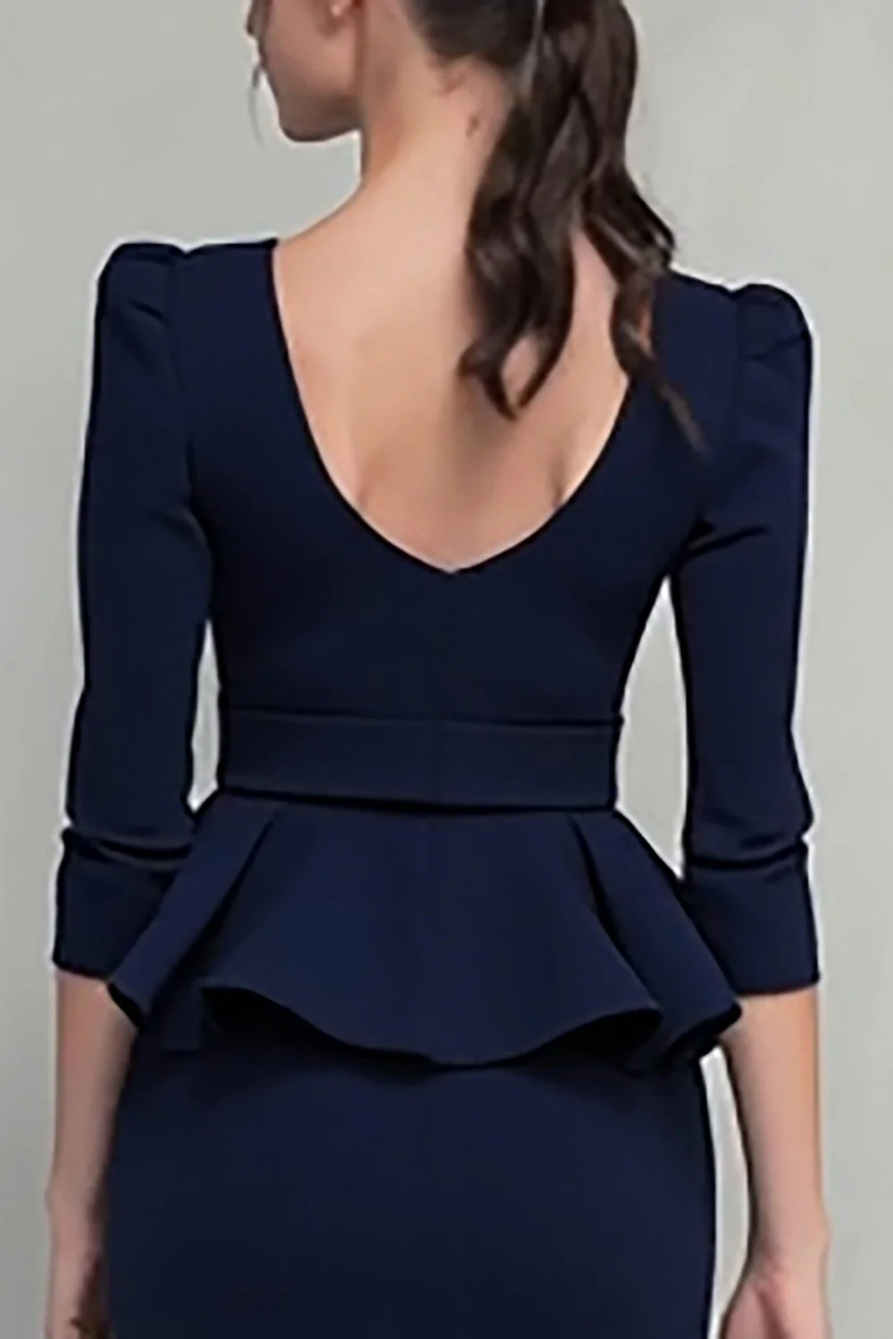 Navy Ruffled Square Neck Sheath Midi Work Dress - Image 4
