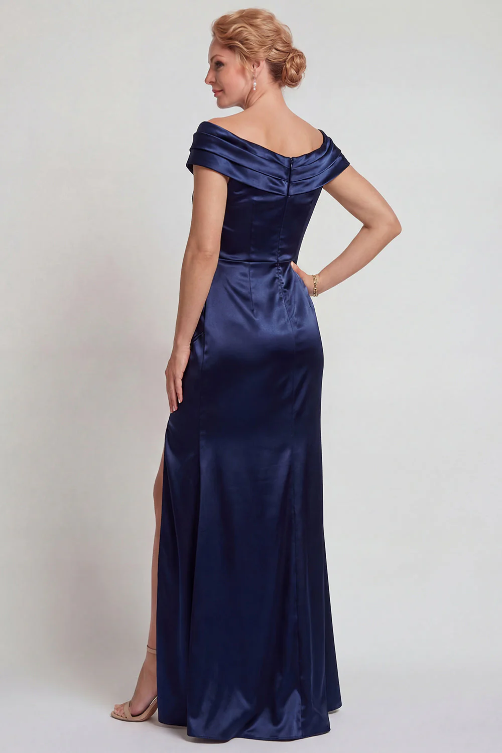 Navy Satin Off the Shoulder Sheath Mother of the Bride Dress with Slit - Image 2