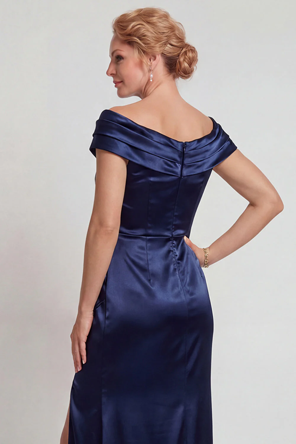 Navy Satin Off the Shoulder Sheath Mother of the Bride Dress with Slit - Image 4