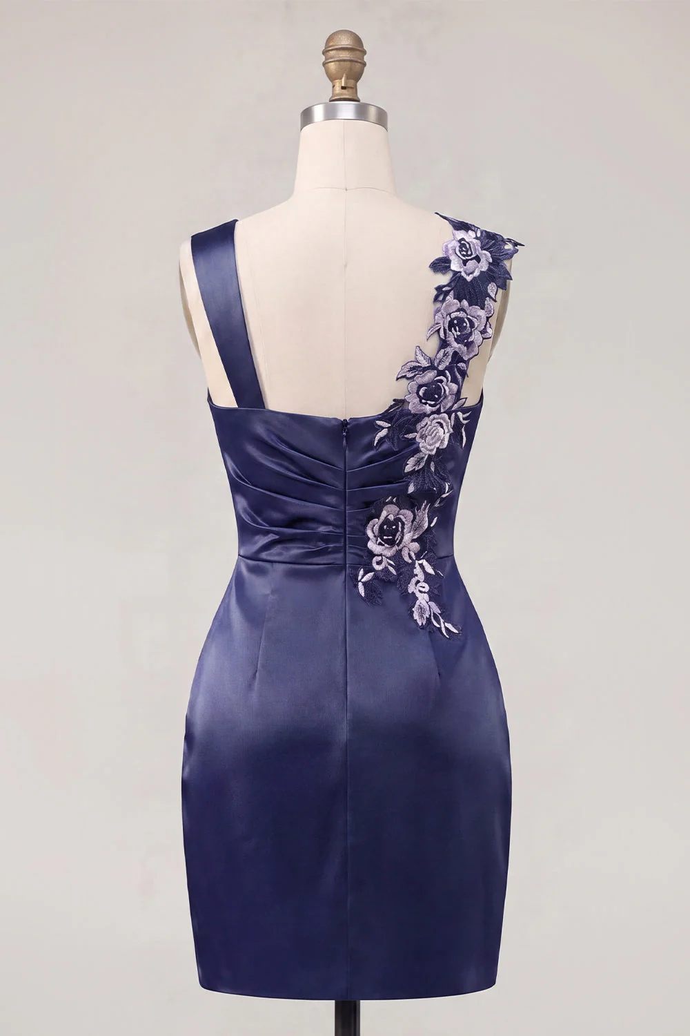 Navy Bodycon Satin Ruched Embroidered Cocktail Dress - Image 2