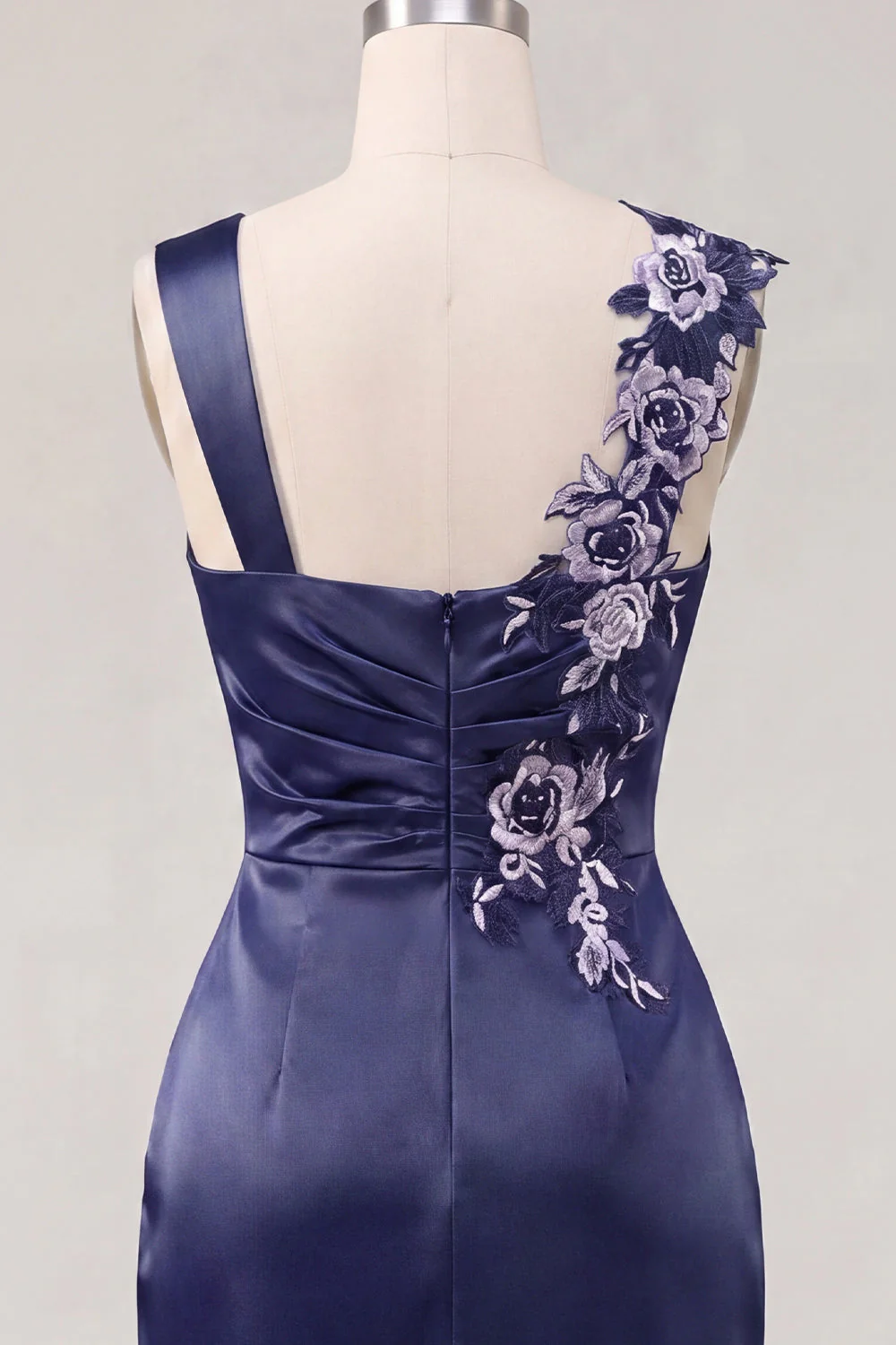 Navy Bodycon Satin Ruched Embroidered Cocktail Dress - Image 6