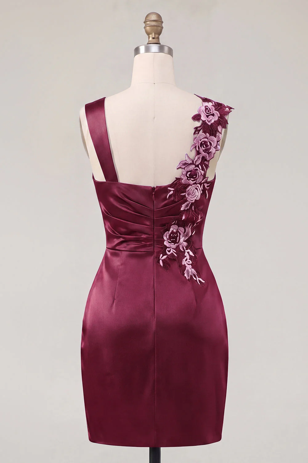 Navy Bodycon Satin Ruched Embroidered Cocktail Dress - Image 8
