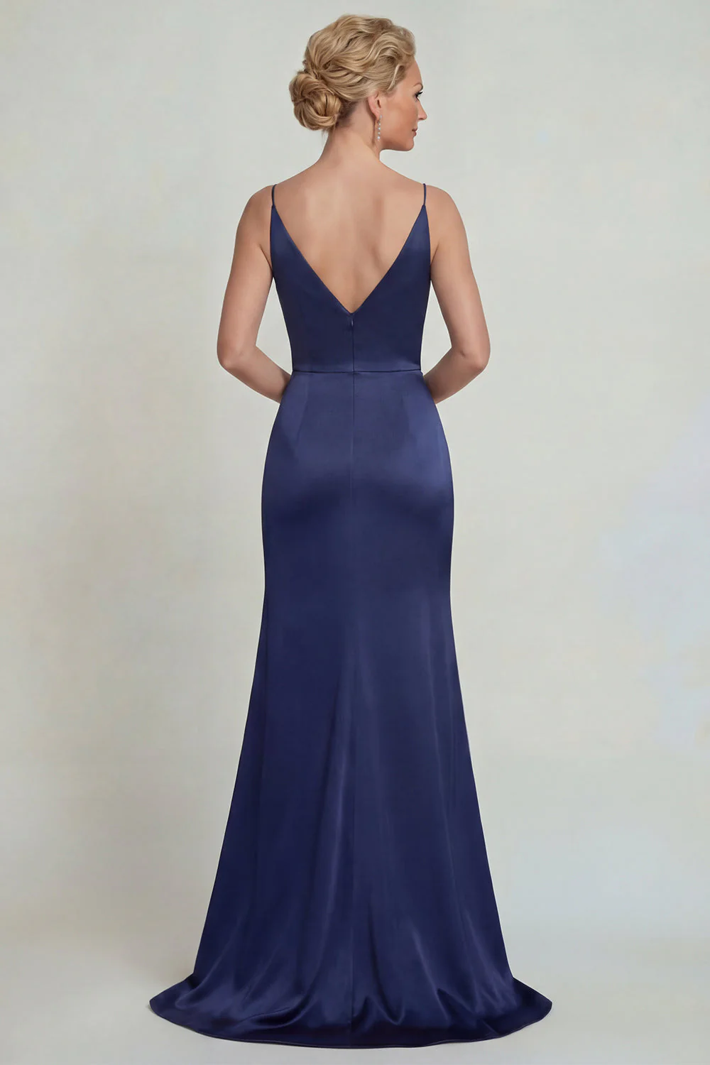 Navy Satin Spaghetti Straps Appliqued Mother of the Bride Dress with Slit - Image 2