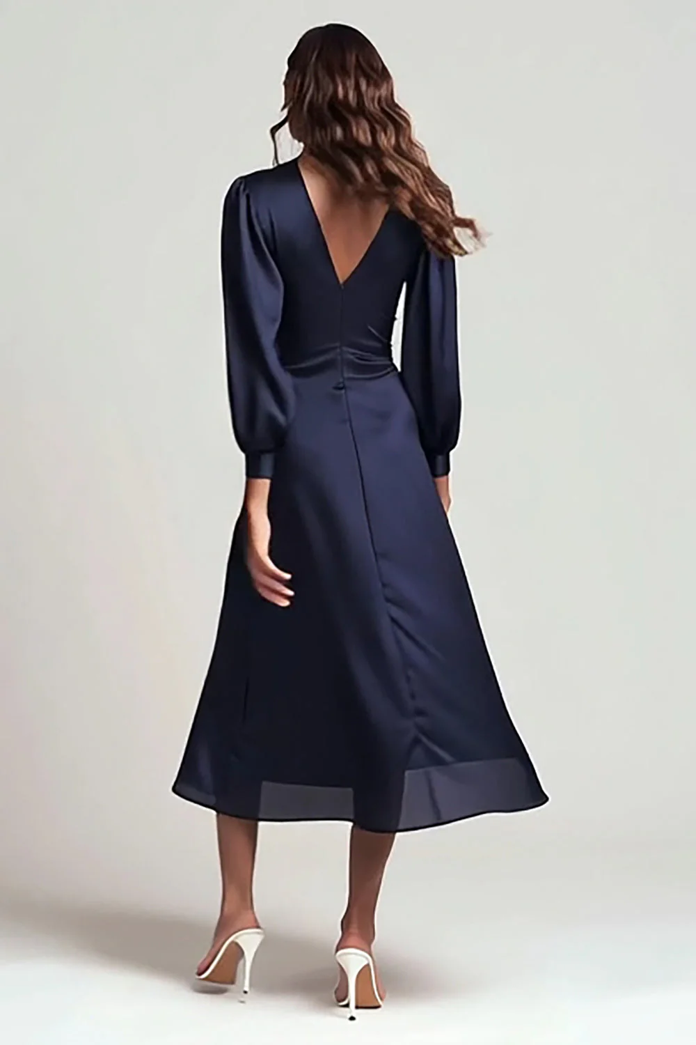 Navy Satin V Neck Ruched Long Sleeves Formal Dress - Image 2