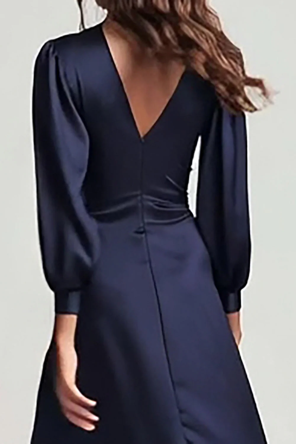 Navy Satin V Neck Ruched Long Sleeves Formal Dress - Image 4