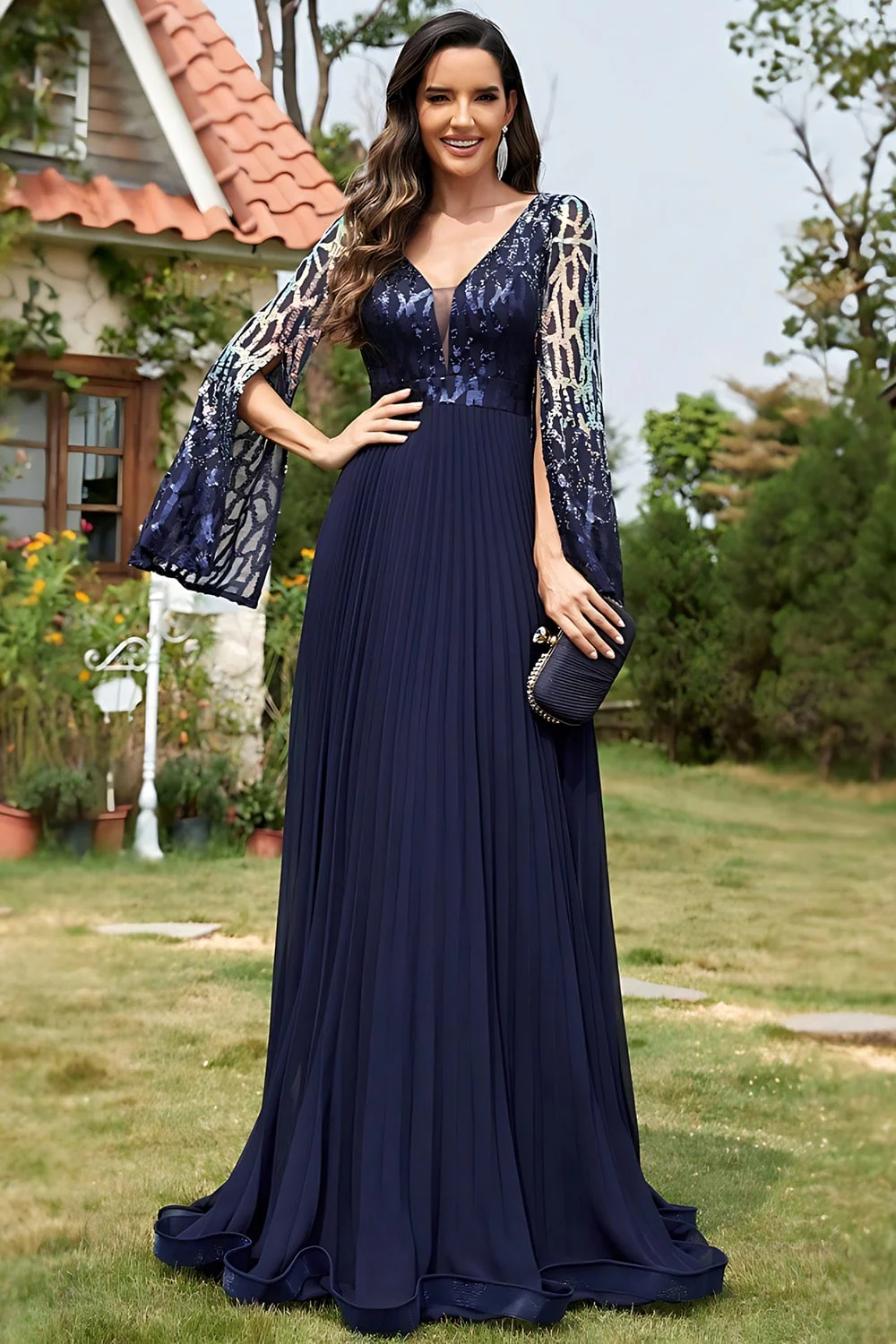 Navy Sequin V Neck Pleated Long Mother of the Bride Dress - Image 3