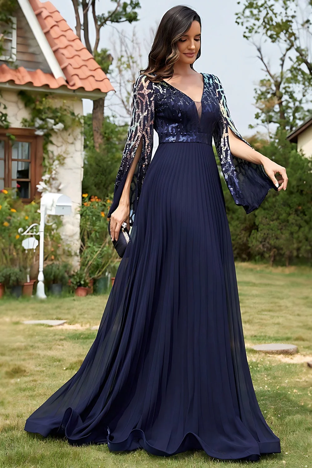 Navy Sequin V Neck Pleated Long Mother of the Bride Dress - Image 4