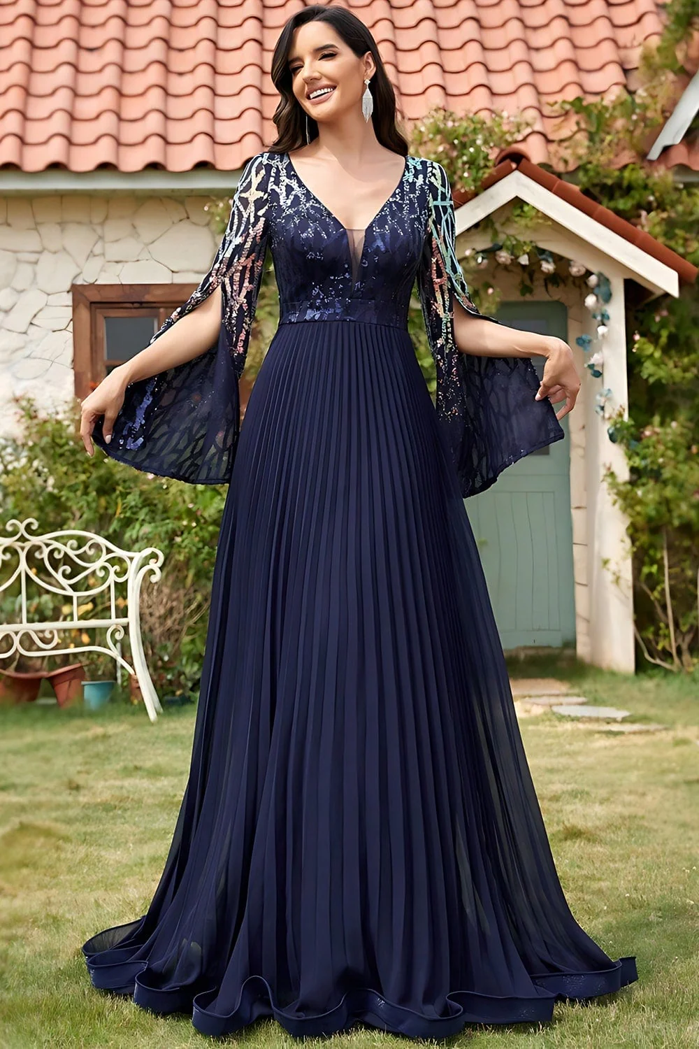 Navy Sequin V Neck Pleated Long Mother of the Bride Dress - Image 5