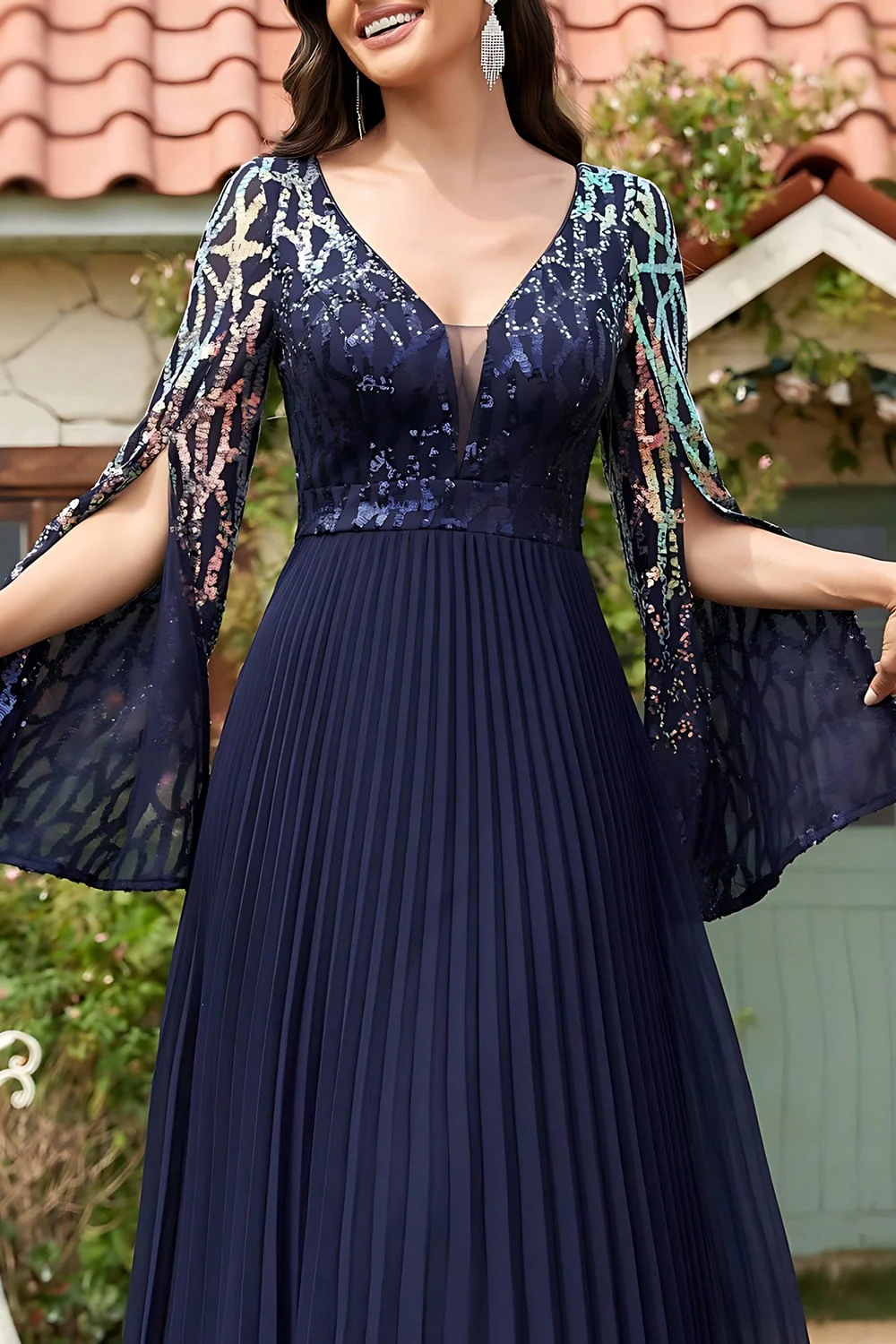 Navy Sequin V Neck Pleated Long Mother of the Bride Dress - Image 6