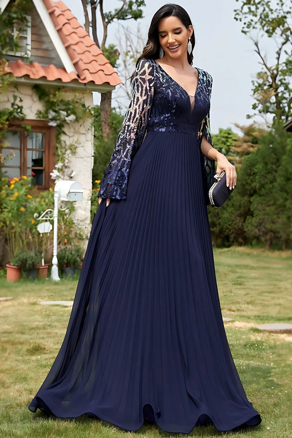 Navy Sequin V Neck Pleated Long Mother of the Bride Dress - Image 7