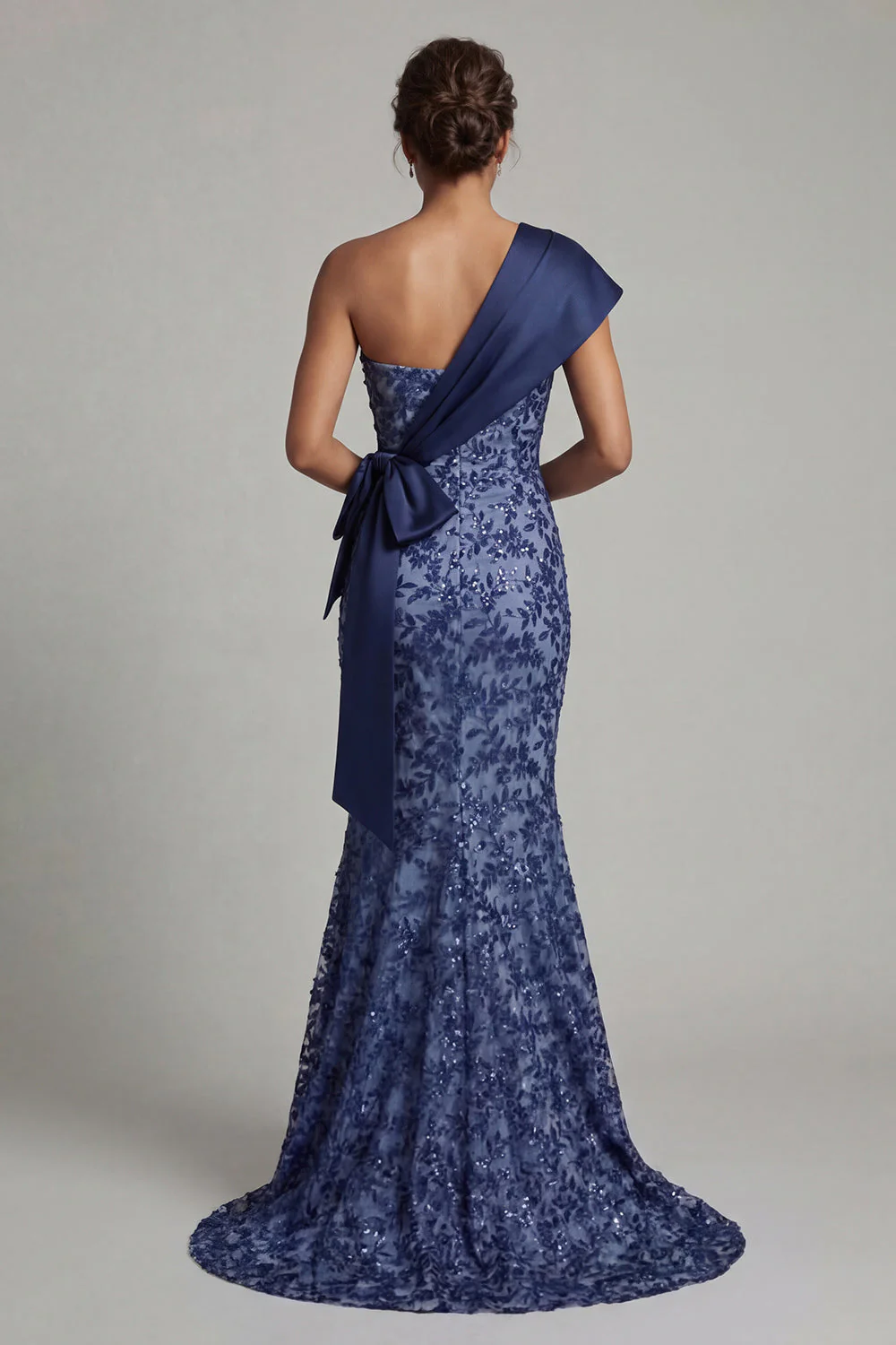 Navy Sequins One Shoulder Mermaid Long Mother of the Bride Dress with Bows - Image 2
