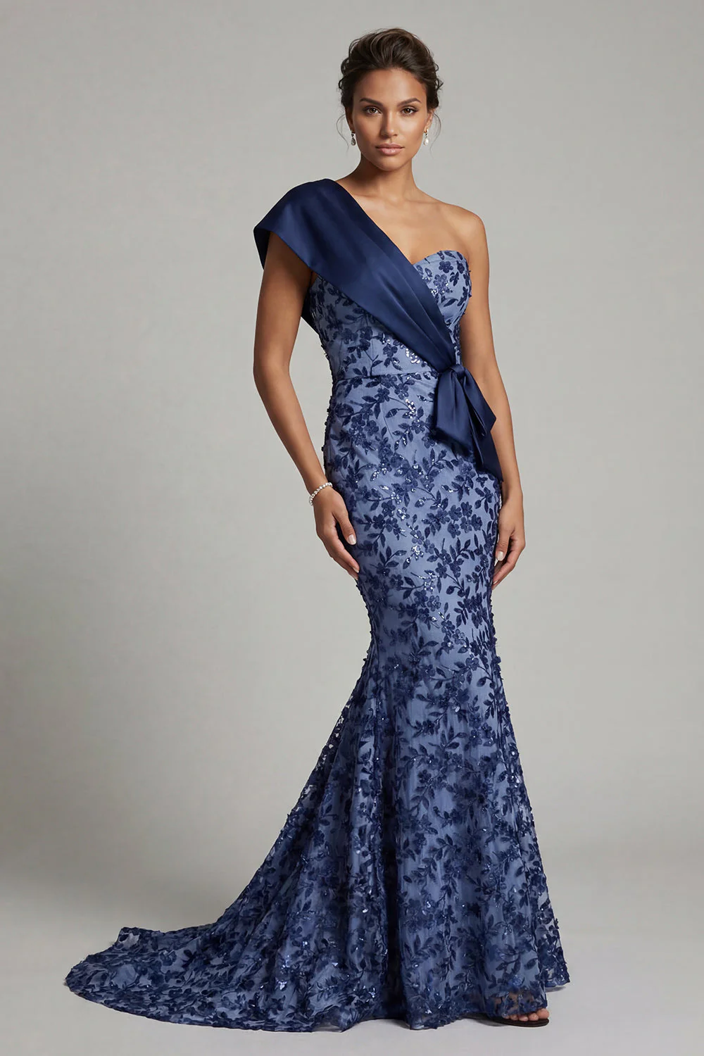 Navy Sequins One Shoulder Mermaid Long Mother of the Bride Dress with Bows - Image 3