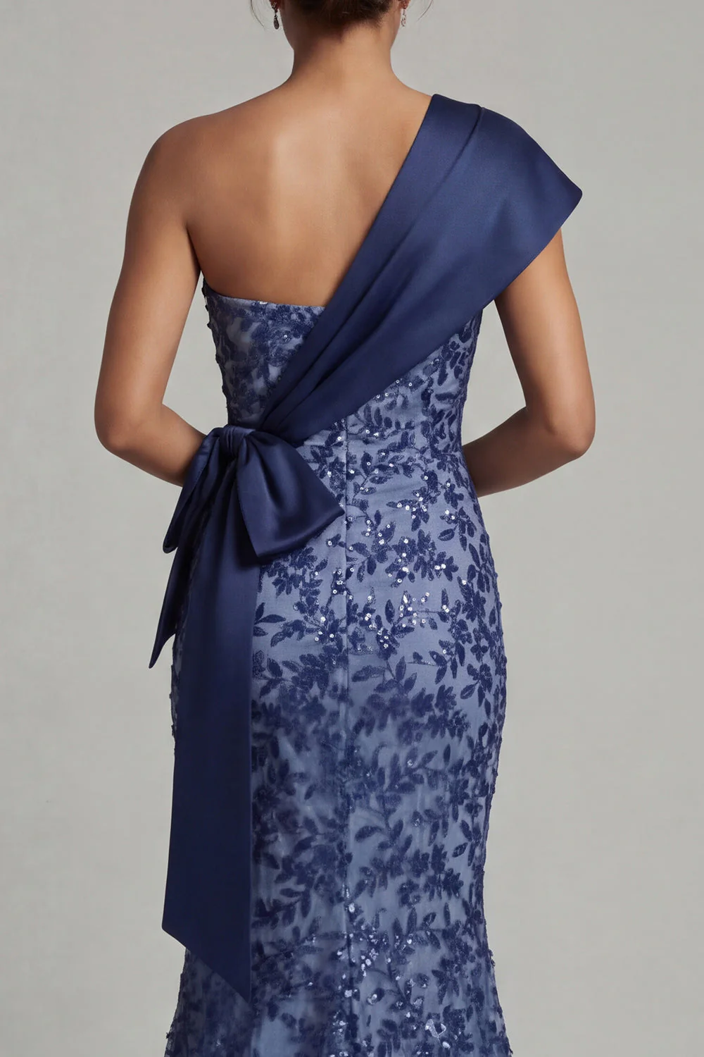 Navy Sequins One Shoulder Mermaid Long Mother of the Bride Dress with Bows - Image 5