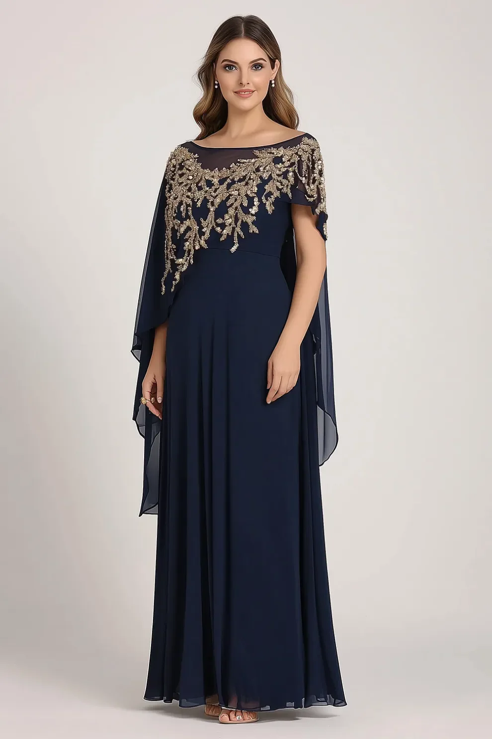 Navy Sheath Appliqued Mother Of The Bride Dress With Shawl - Image 3