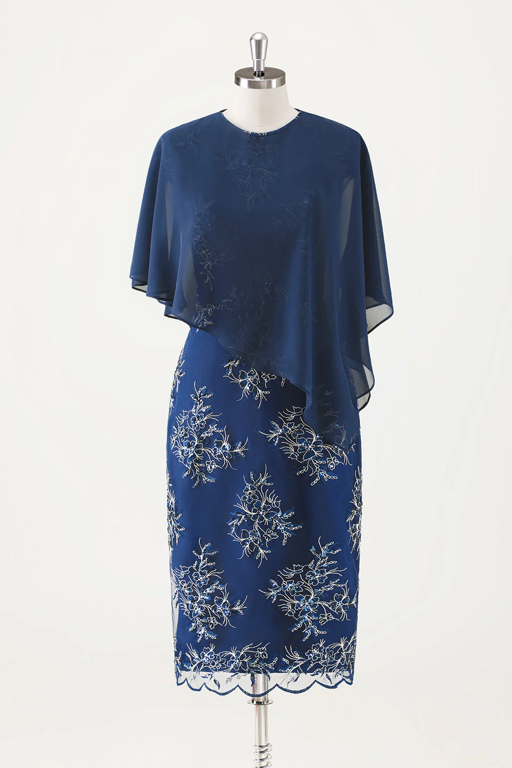 Navy Sheath Chiffon Round Neck Midi Choir Dress with Wrap - Image 3