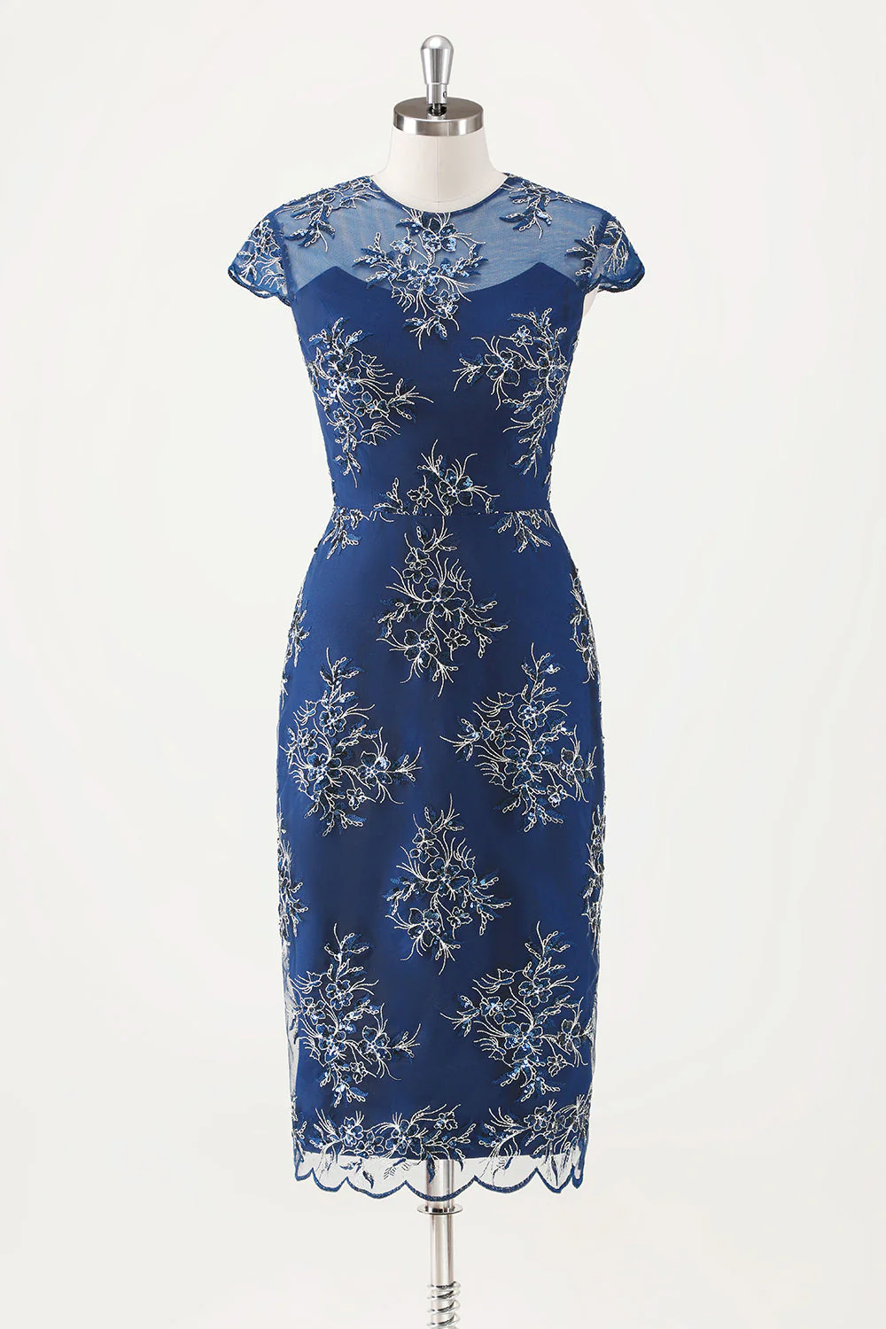 Navy Sheath Chiffon Round Neck Midi Choir Dress with Wrap - Image 4