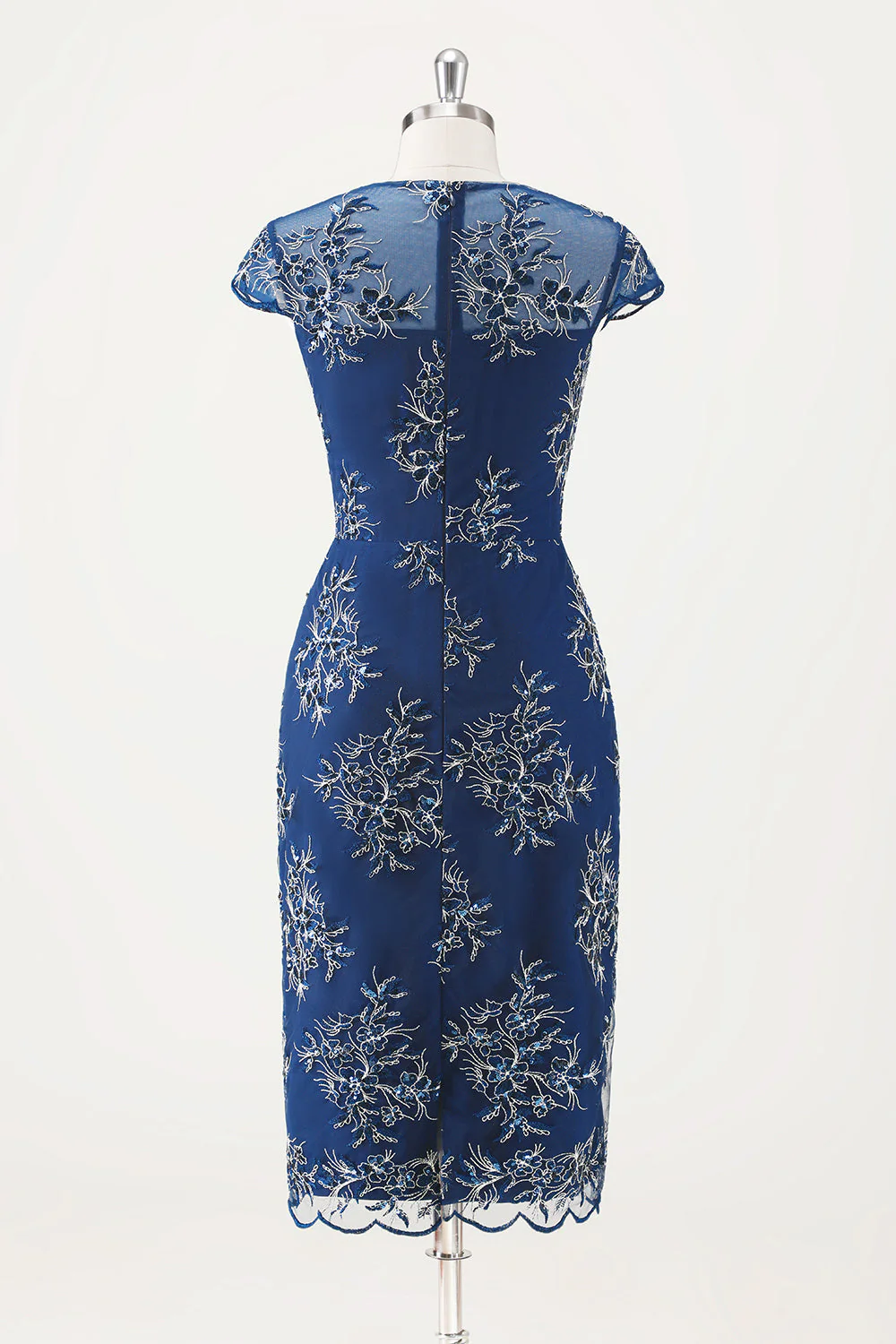 Navy Sheath Chiffon Round Neck Midi Choir Dress with Wrap - Image 5