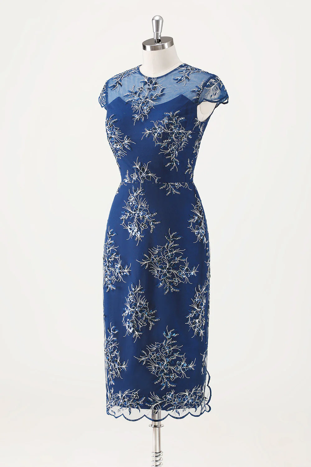 Navy Sheath Chiffon Round Neck Midi Choir Dress with Wrap - Image 6