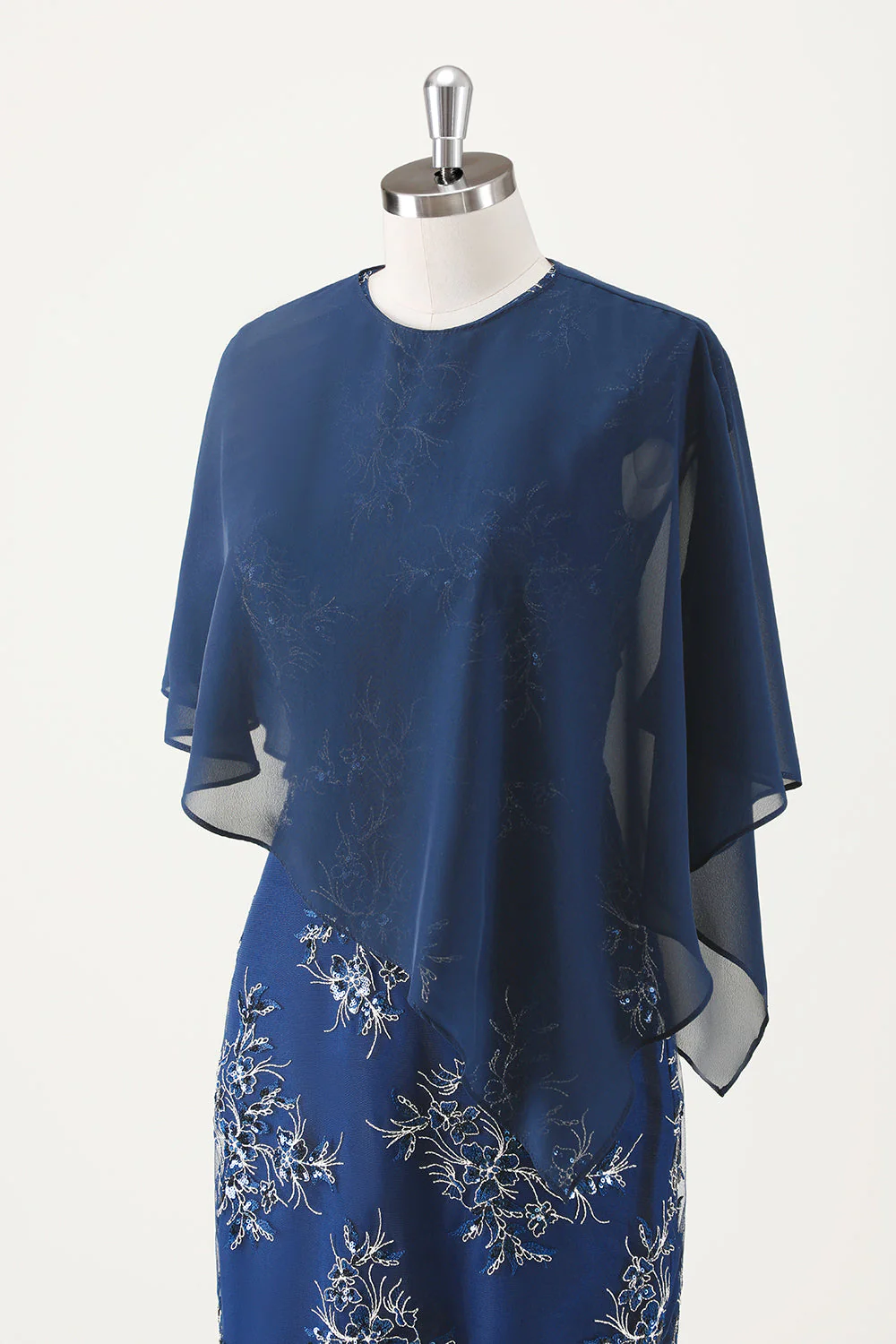 Navy Sheath Chiffon Round Neck Midi Choir Dress with Wrap - Image 8